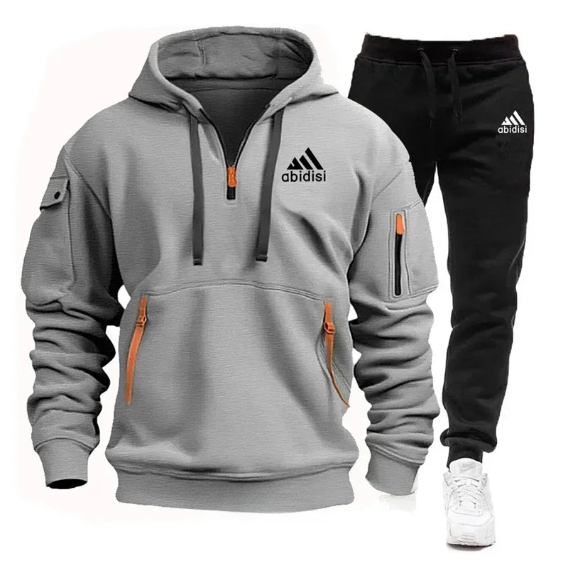 Men's set 2025 New sporty and casual jogging set, outdoor hoodie + black sport pants 2-piece fashionable sportswear