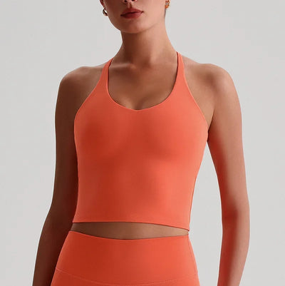 Women's Nude Yoga Wear Sexy Crossover Back Top Detachable Chest Pads Breathable Quick-drying for Athletic Fitness Running Gym