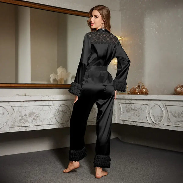 Sexy Loungewear Women Pajamas Suit Fashion Lace Satin Patchwork Applique Homewear Rayon Outfit Sleepwear Spring Nightwear