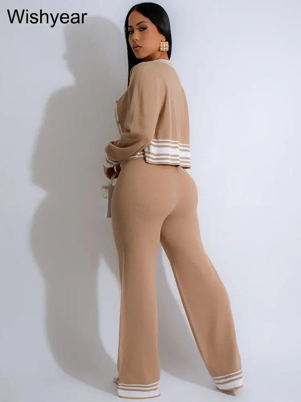 Casual Active Wear Knitted Tracksuit Women 3 Piece Set Sporty Fitness Striped Top + Bra+ Wide Leg Pants Outfits Jogging Femme