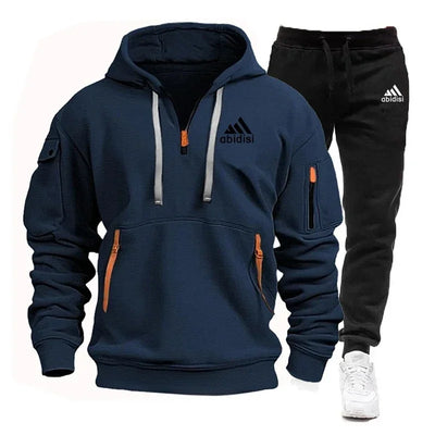 Men's set 2025 New sporty and casual jogging set, outdoor hoodie + black sport pants 2-piece fashionable sportswear