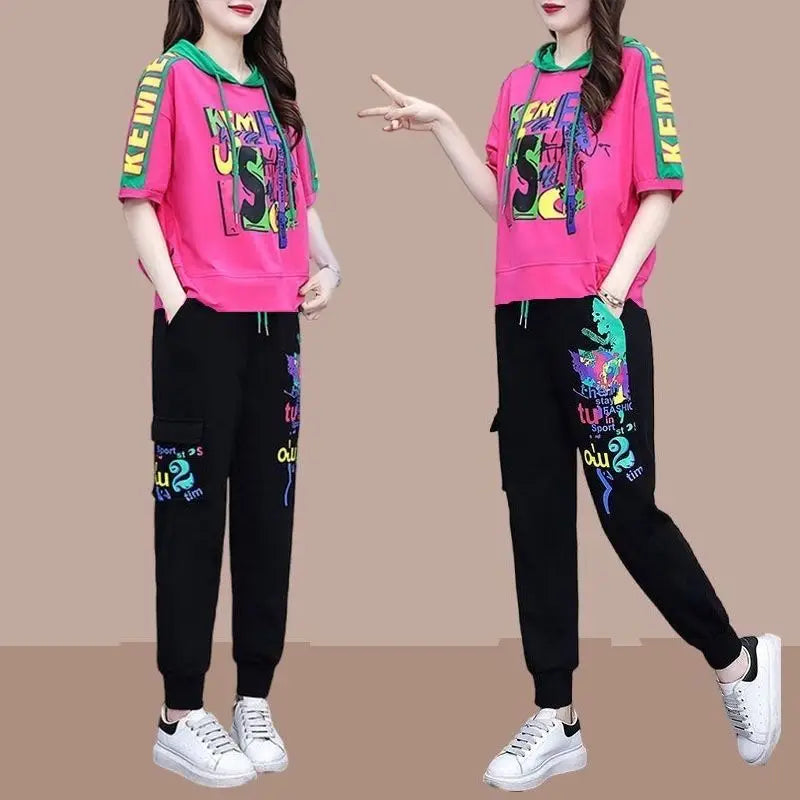 Leisure sportswear set for women's 2025 summer new fashionable versatile hooded sweater high waisted Harlan pants two-piece set