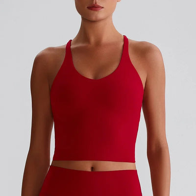 Women's Nude Yoga Wear Sexy Crossover Back Top Detachable Chest Pads Breathable Quick-drying for Athletic Fitness Running Gym