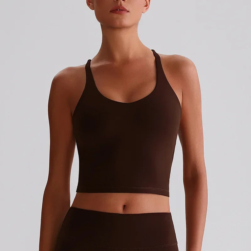 Women's Nude Yoga Wear Sexy Crossover Back Top Detachable Chest Pads Breathable Quick-drying for Athletic Fitness Running Gym