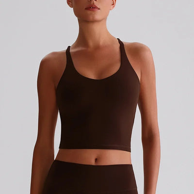 Women's Nude Yoga Wear Sexy Crossover Back Top Detachable Chest Pads Breathable Quick-drying for Athletic Fitness Running Gym