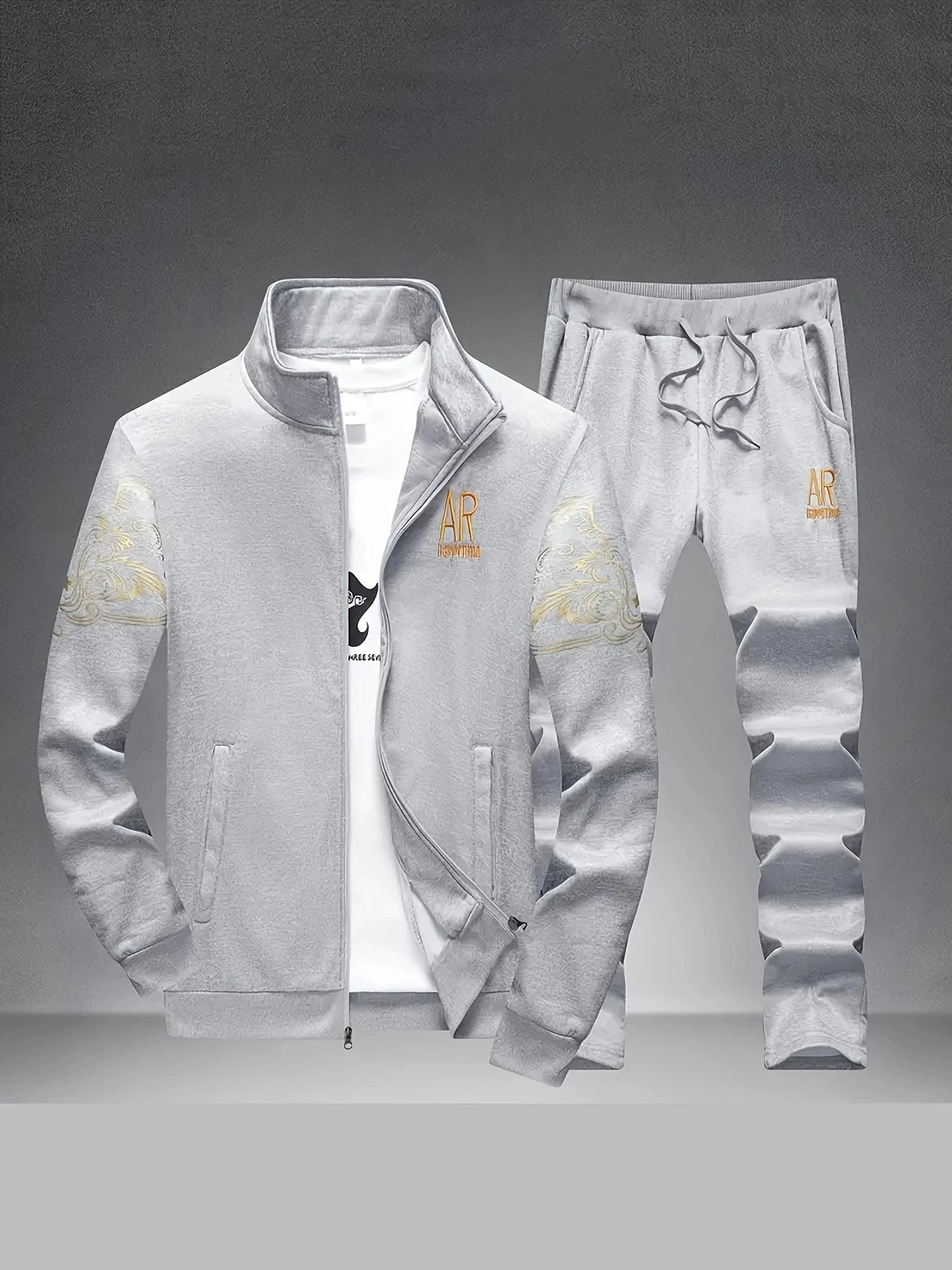 Men's Casual Sportswear Sets Spring Autumn Stand Collar Embroidery Jacket + Elastic Waist Pants Set Men Two-piece Tracksuit Sets