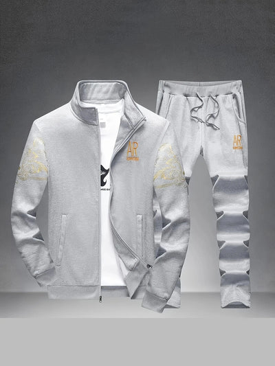 Men's Casual Sportswear Sets Spring Autumn Stand Collar Embroidery Jacket + Elastic Waist Pants Set Men Two-piece Tracksuit Sets