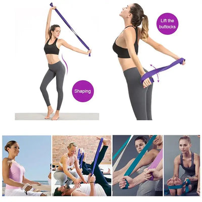 Woman using GearKulture Mat Strap Elastic Bands for yoga exercises like shaping and lifting the buttocks.