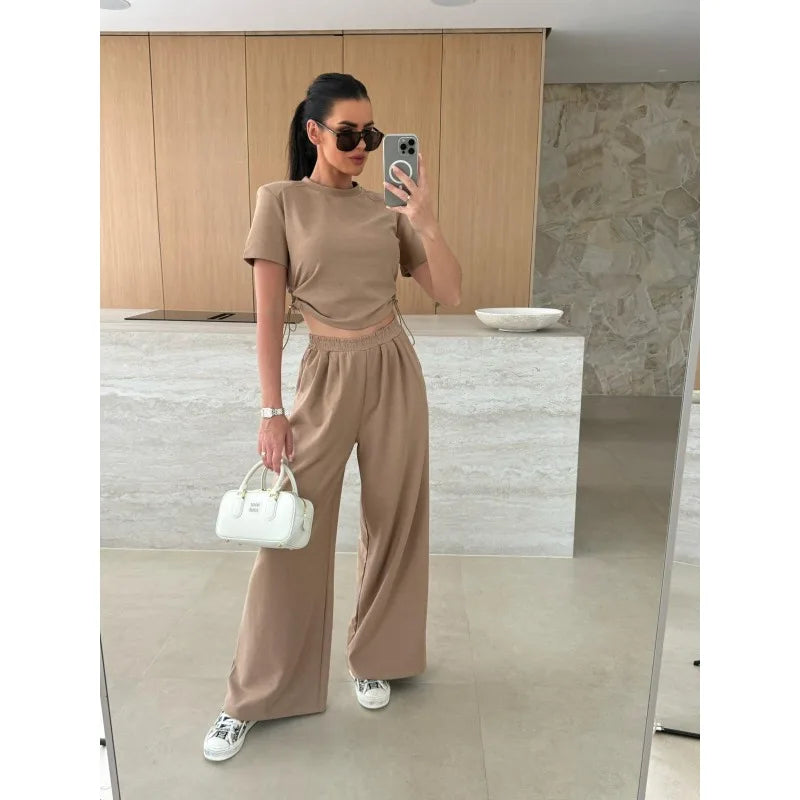 Women Casual Sport 2 Piece Sets Outfits Drawstring Short-sleeved T-shirt+ Solid Loose Straight Trousers Suit