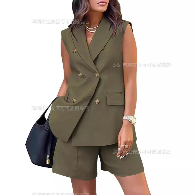 Pant Set Women Two Piece Sets Matching Sets Sleeveless Short Sets Coats Wide Leg Short Pants High Waist Y2k Streetwear Work