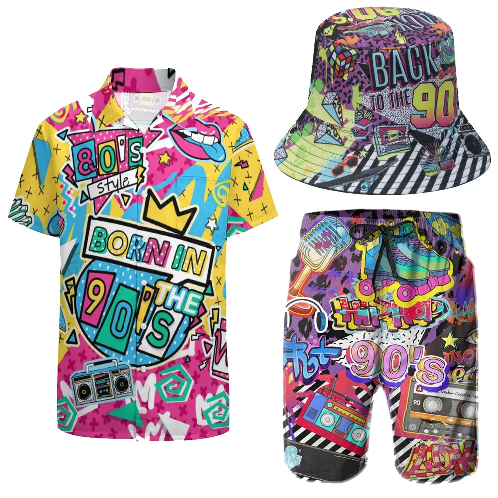 Men's 2 Pieces 80S 90S Outfit Retro 90S Shirts and Shorts Set Vintage Active Tracksuits Outfits with Hat Halloween Carnival Suit