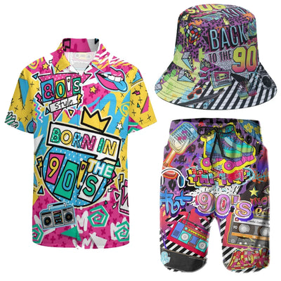 Men's 2 Pieces 80S 90S Outfit Retro 90S Shirts and Shorts Set Vintage Active Tracksuits Outfits with Hat Halloween Carnival Suit