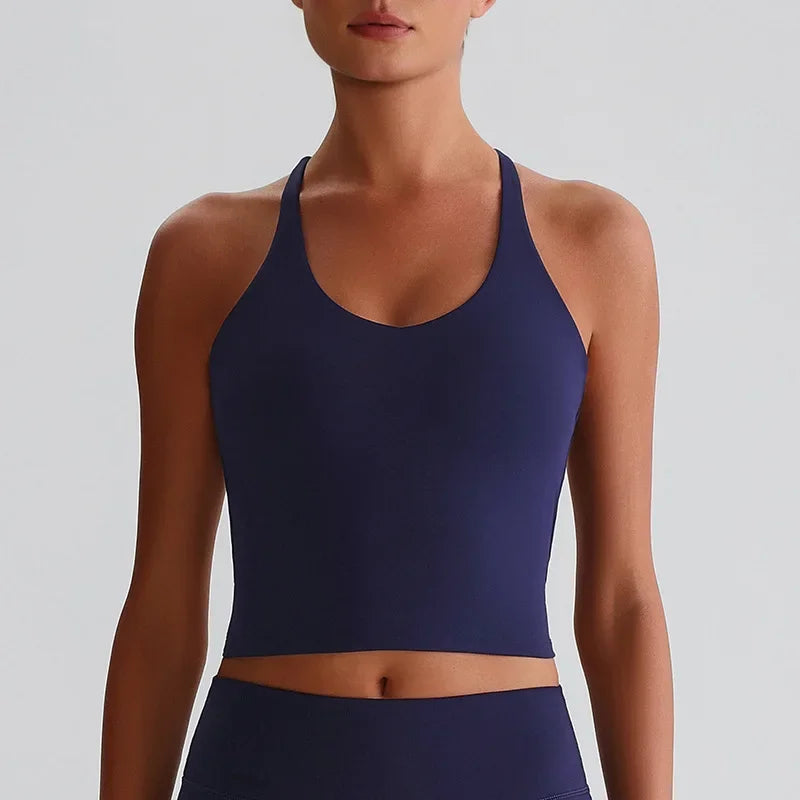 Women's Nude Yoga Wear Sexy Crossover Back Top Detachable Chest Pads Breathable Quick-drying for Athletic Fitness Running Gym