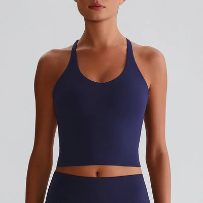 Women's Nude Yoga Wear Sexy Crossover Back Top Detachable Chest Pads Breathable Quick-drying for Athletic Fitness Running Gym