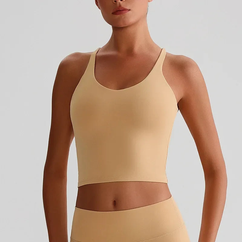 Women's Nude Yoga Wear Sexy Crossover Back Top Detachable Chest Pads Breathable Quick-drying for Athletic Fitness Running Gym