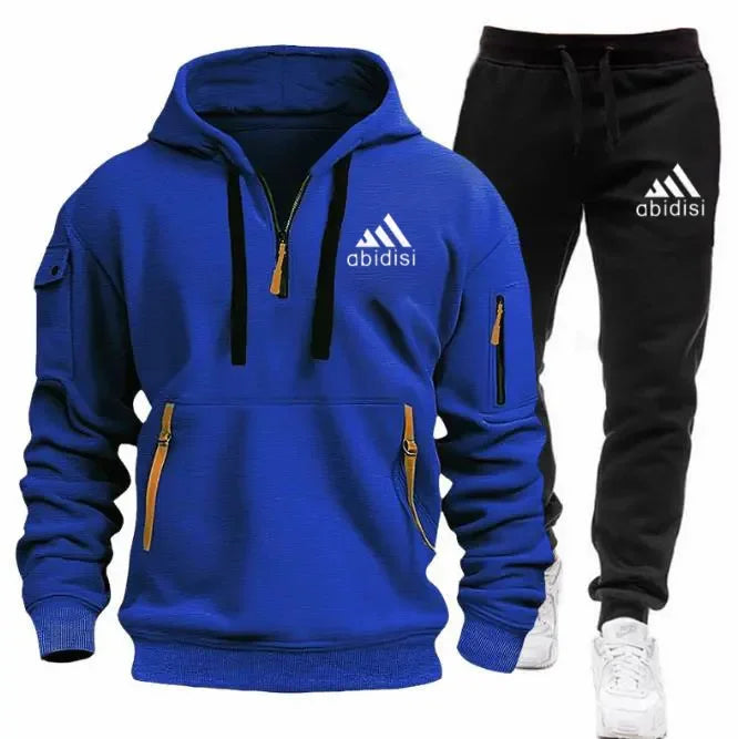 Men's set 2025 New sporty and casual jogging set, outdoor hoodie + black sport pants 2-piece fashionable sportswear
