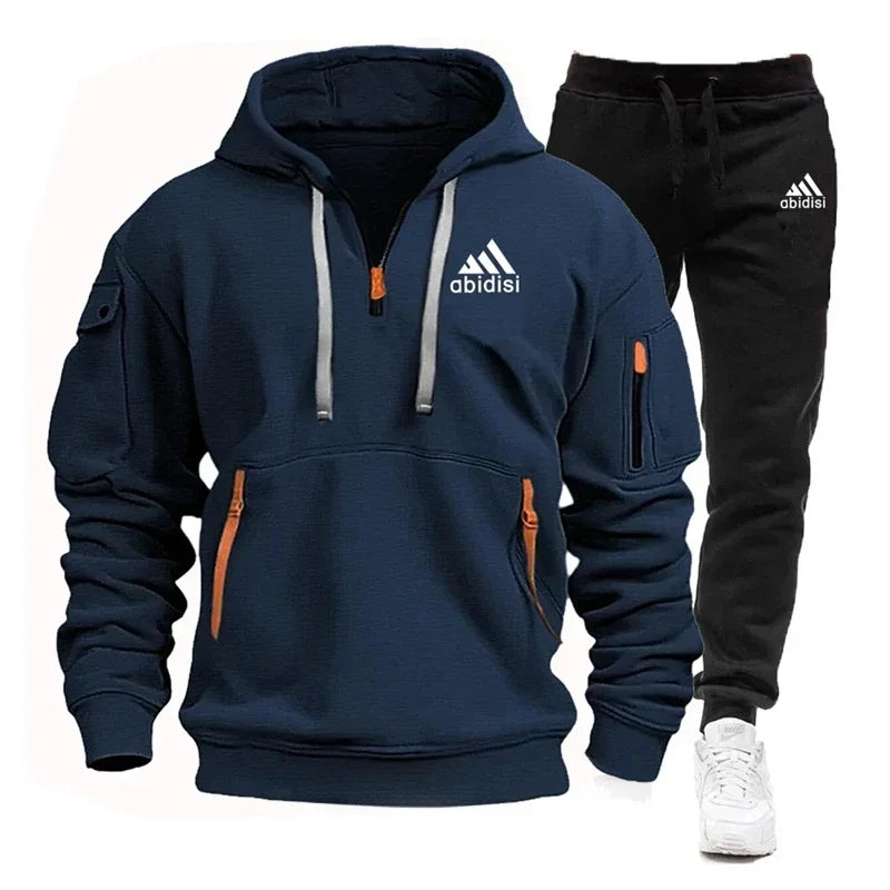 Men's set 2025 New sporty and casual jogging set, outdoor hoodie + black sport pants 2-piece fashionable sportswear