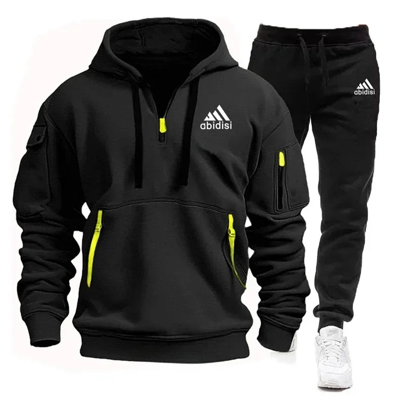 Men's set 2025 New sporty and casual jogging set, outdoor hoodie + black sport pants 2-piece fashionable sportswear