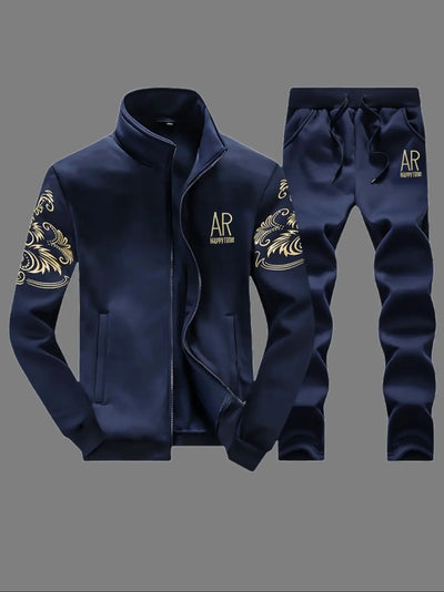 Men's Casual Sportswear Sets Spring Autumn Stand Collar Embroidery Jacket + Elastic Waist Pants Set Men Two-piece Tracksuit Sets