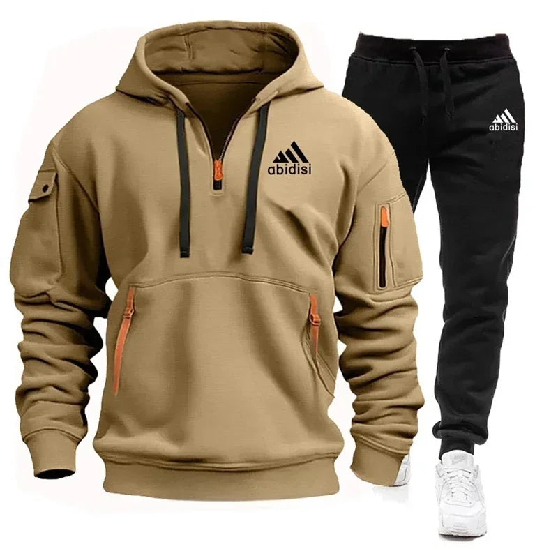 Men's set 2025 New sporty and casual jogging set, outdoor hoodie + black sport pants 2-piece fashionable sportswear