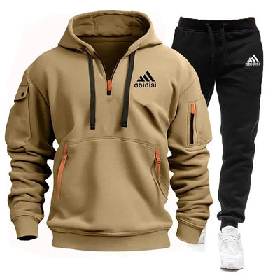Men's set 2025 New sporty and casual jogging set, outdoor hoodie + black sport pants 2-piece fashionable sportswear