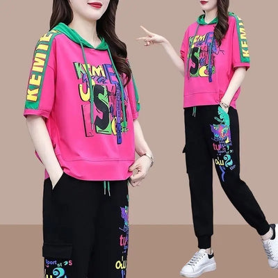 Leisure sportswear set for women's 2025 summer new fashionable versatile hooded sweater high waisted Harlan pants two-piece set