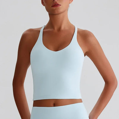 Women's Nude Yoga Wear Sexy Crossover Back Top Detachable Chest Pads Breathable Quick-drying for Athletic Fitness Running Gym