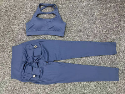 New Yoga Set Women Tracksuit Workout Pocket Legging Athletic Suit Gym Push Up Legging Fitness Bra Sports Wear Active Wear