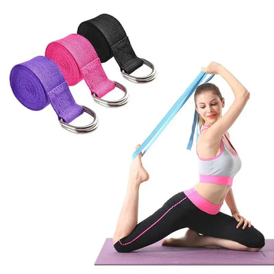 Woman practicing yoga with GearKulture Mat Strap Elastic Bands in purple, pink, and black colors for enhanced flexibility.