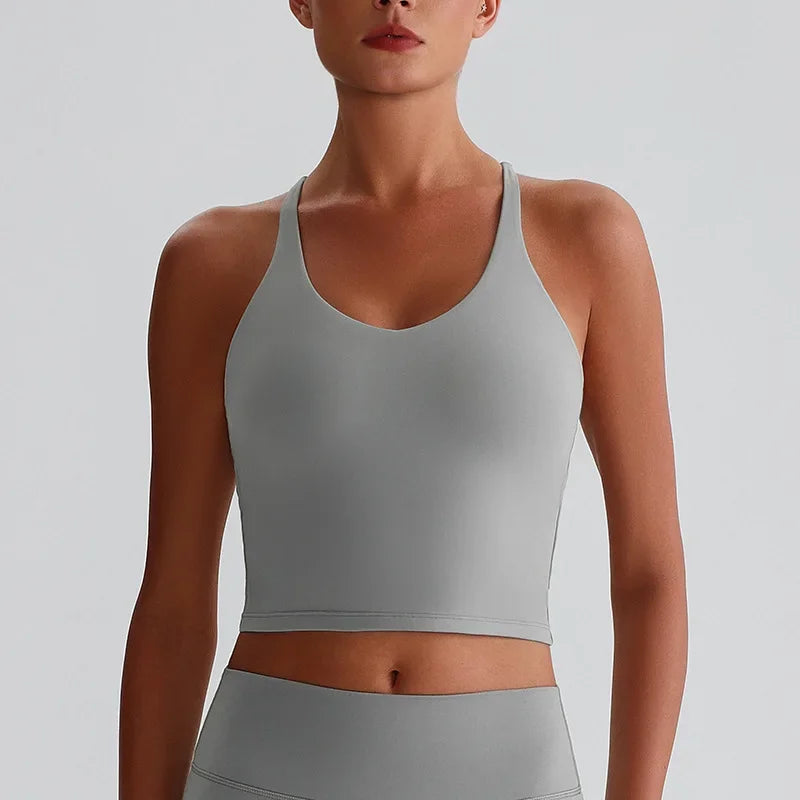 Women's Nude Yoga Wear Sexy Crossover Back Top Detachable Chest Pads Breathable Quick-drying for Athletic Fitness Running Gym