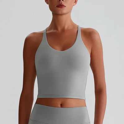 Women's Nude Yoga Wear Sexy Crossover Back Top Detachable Chest Pads Breathable Quick-drying for Athletic Fitness Running Gym