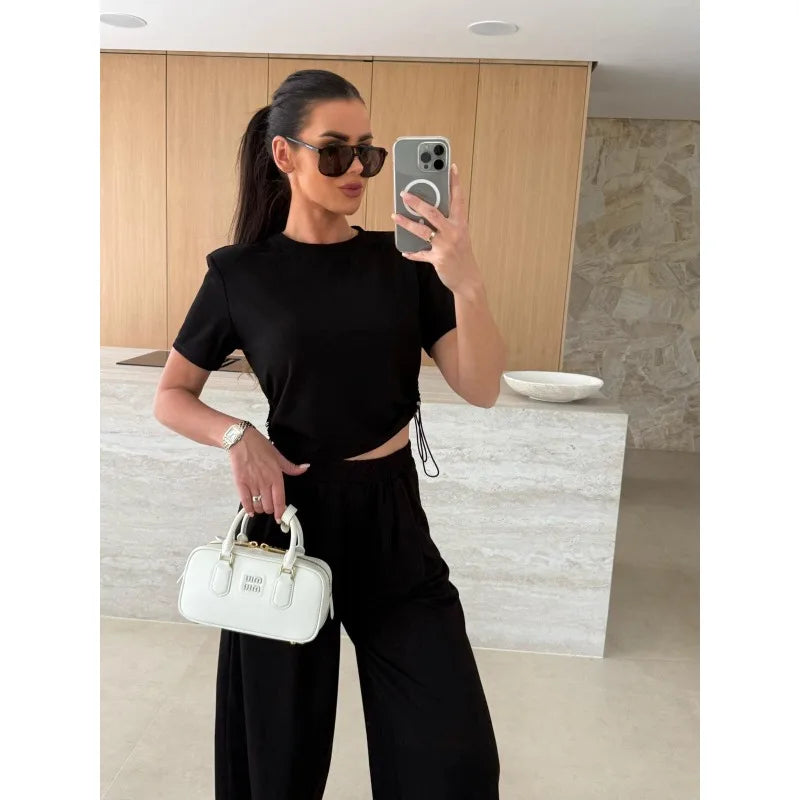 Women Casual Sport 2 Piece Sets Outfits Drawstring Short-sleeved T-shirt+ Solid Loose Straight Trousers Suit