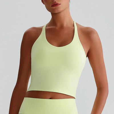 Women's Nude Yoga Wear Sexy Crossover Back Top Detachable Chest Pads Breathable Quick-drying for Athletic Fitness Running Gym