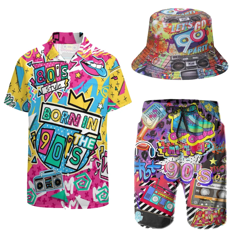 Men's 2 Pieces 80S 90S Outfit Retro 90S Shirts and Shorts Set Vintage Active Tracksuits Outfits with Hat Halloween Carnival Suit