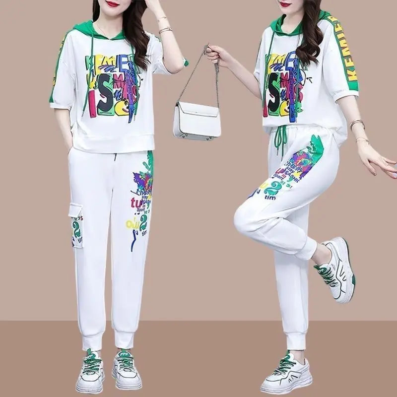 Leisure sportswear set for women's 2025 summer new fashionable versatile hooded sweater high waisted Harlan pants two-piece set