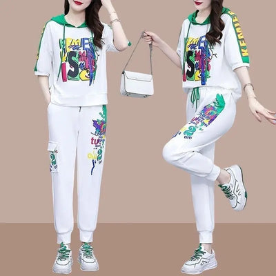 Leisure sportswear set for women's 2025 summer new fashionable versatile hooded sweater high waisted Harlan pants two-piece set