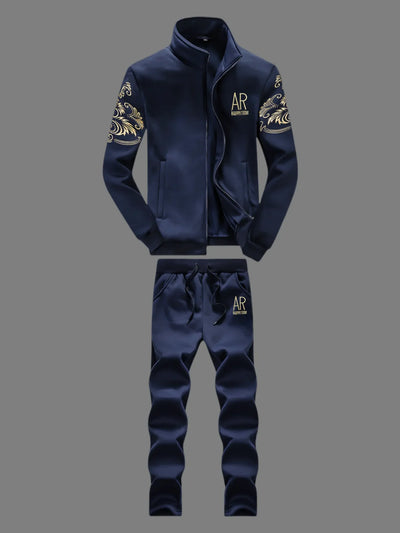 Men's Casual Sportswear Sets Spring Autumn Stand Collar Embroidery Jacket + Elastic Waist Pants Set Men Two-piece Tracksuit Sets