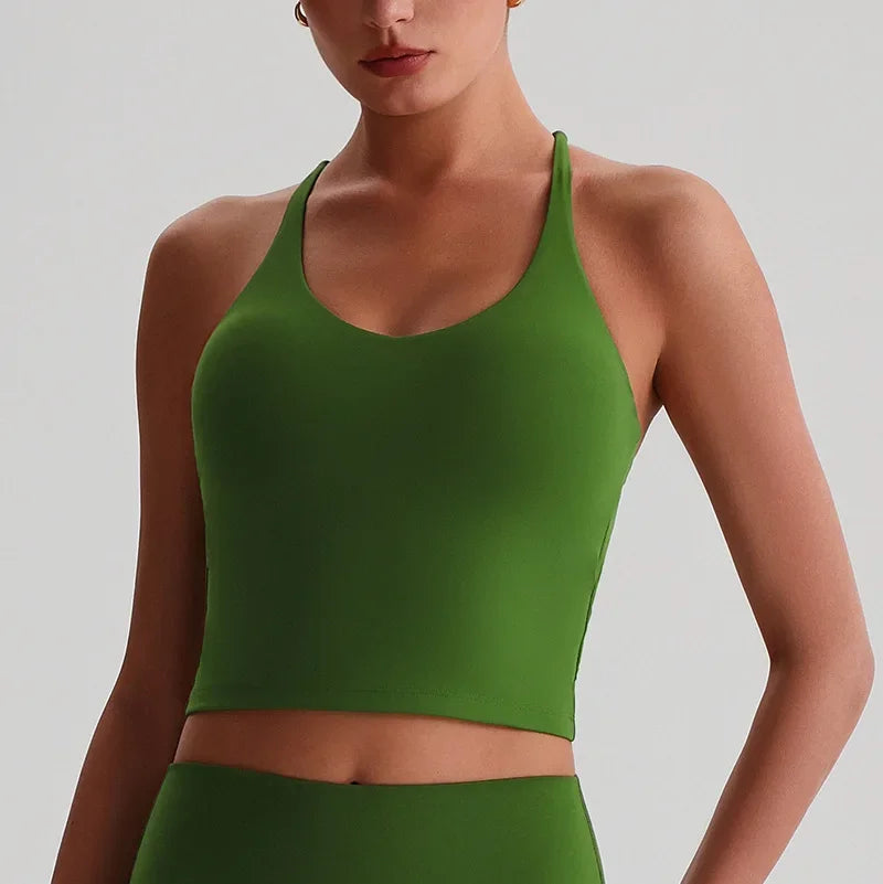 Women's Nude Yoga Wear Sexy Crossover Back Top Detachable Chest Pads Breathable Quick-drying for Athletic Fitness Running Gym