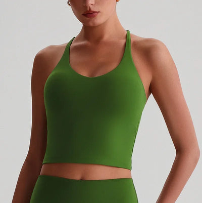 Women's Nude Yoga Wear Sexy Crossover Back Top Detachable Chest Pads Breathable Quick-drying for Athletic Fitness Running Gym
