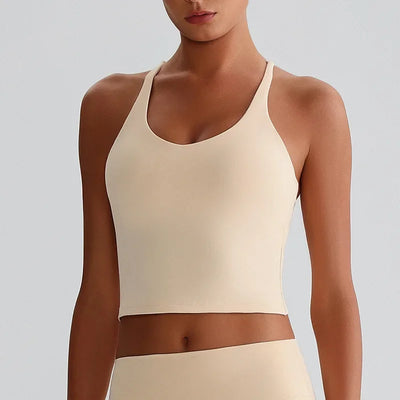 Women's Nude Yoga Wear Sexy Crossover Back Top Detachable Chest Pads Breathable Quick-drying for Athletic Fitness Running Gym