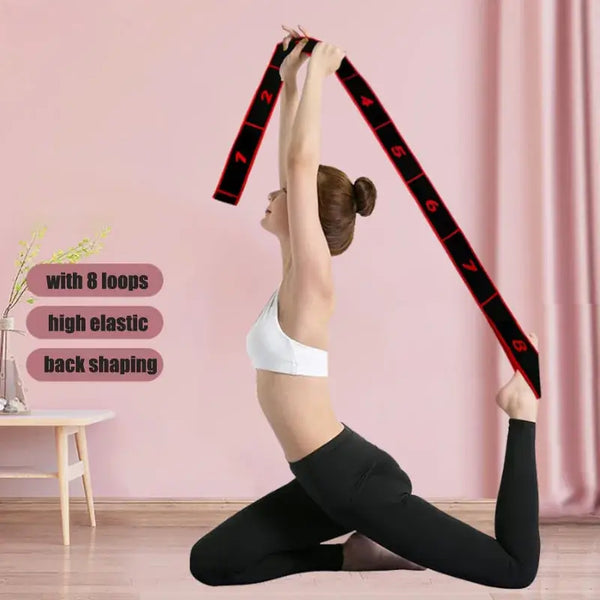 GearKulture Pull Strap Belt in use for back shaping and stretching with 8 loops, high elastic material, workout accessory.
