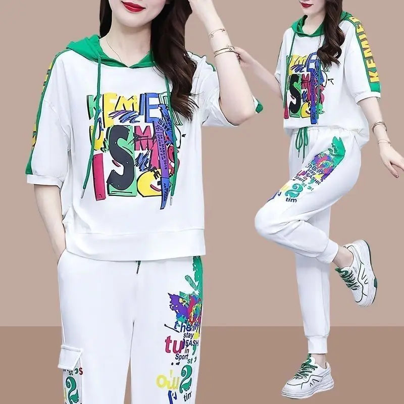 Leisure sportswear set for women's 2025 summer new fashionable versatile hooded sweater high waisted Harlan pants two-piece set