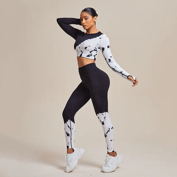 Two-piece Sets Seamless Black White Yoga Suit Sports Bra Top Fitness Running Pants High Waist Elastic Tight Leggings Active Tops