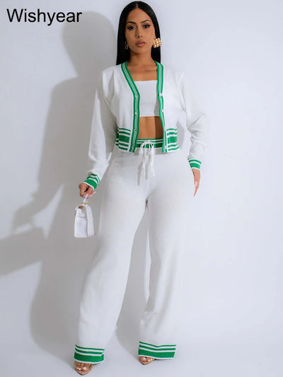 Casual Active Wear Knitted Tracksuit Women 3 Piece Set Sporty Fitness Striped Top + Bra+ Wide Leg Pants Outfits Jogging Femme