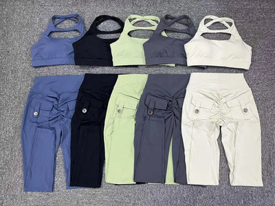 New Yoga Set Women Tracksuit Workout Pocket Legging Athletic Suit Gym Push Up Legging Fitness Bra Sports Wear Active Wear
