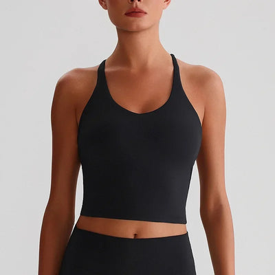 Women's Nude Yoga Wear Sexy Crossover Back Top Detachable Chest Pads Breathable Quick-drying for Athletic Fitness Running Gym