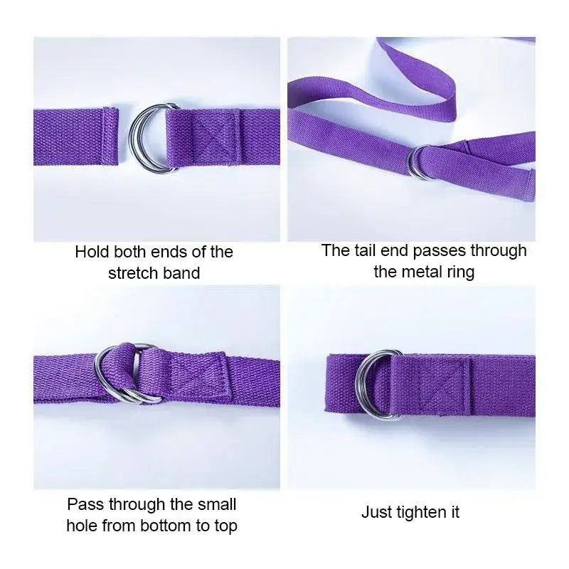 Step-by-step instructions for using GearKulture Mat Strap Elastic Bands for yoga, featuring metal ring and stretch band.