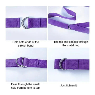 Step-by-step instructions for using GearKulture Mat Strap Elastic Bands for yoga, featuring metal ring and stretch band.