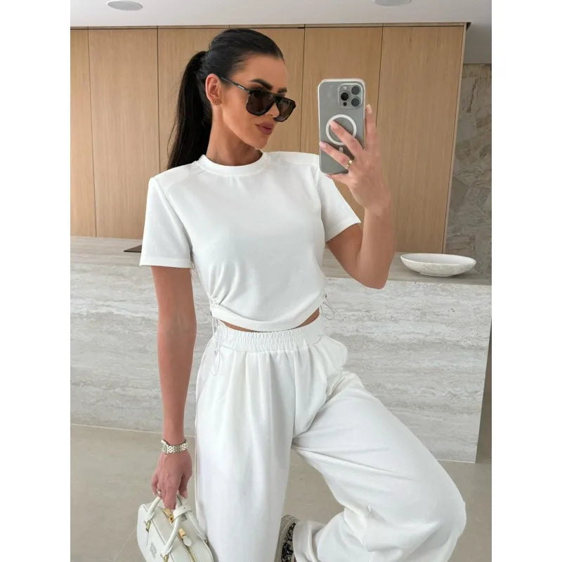 Women Casual Sport 2 Piece Sets Outfits Drawstring Short-sleeved T-shirt+ Solid Loose Straight Trousers Suit