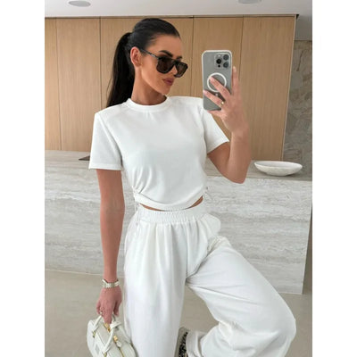 Women Casual Sport 2 Piece Sets Outfits Drawstring Short-sleeved T-shirt+ Solid Loose Straight Trousers Suit